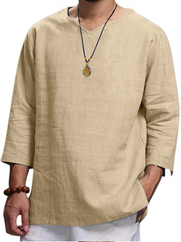 Men's Long Sleeve V Neck Cotton Linen Loose Shirt - Image 7