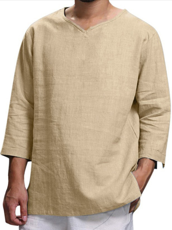 Men's Long Sleeve V Neck Cotton Linen Loose Shirt - Image 9