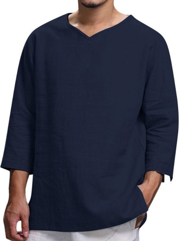 Men's Long Sleeve V Neck Cotton Linen Loose Shirt - Image 15