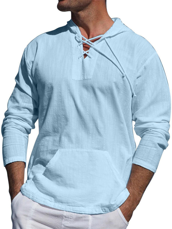 Men's casual cotton and linen tie hooded long-sleeved shirt - Image 2