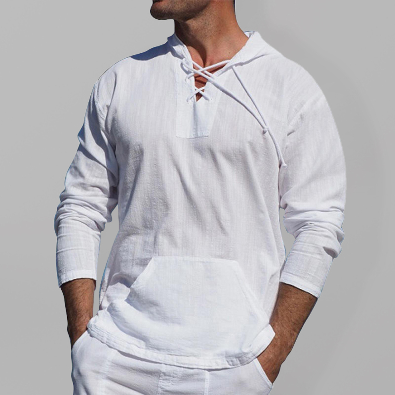 Men's casual cotton and linen tie hooded long-sleeved shirt - Image 3