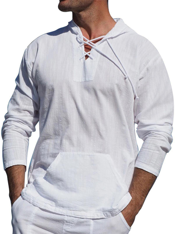 Men's casual cotton and linen tie hooded long-sleeved shirt - Image 4