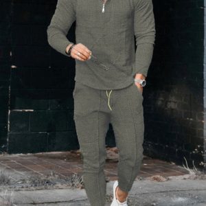 Men's Textured Casual Half Zipper Stand Collar Suits