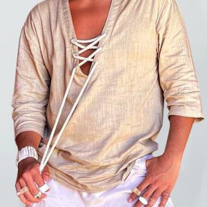 Men's Woven Casual V-Neck Solid Color Three-quarter Sleeve Shirt