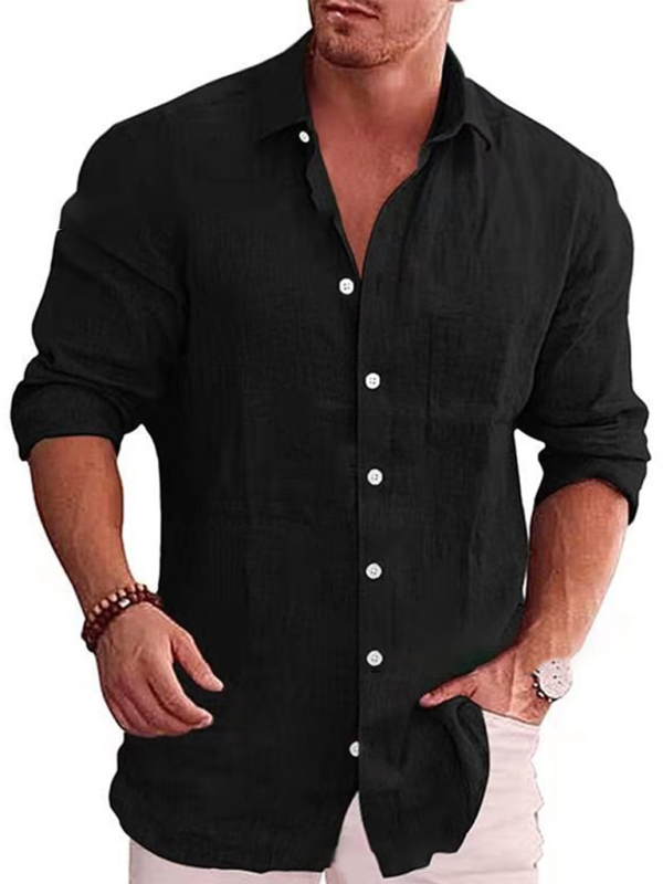 Men's solid color shirt linen lapel long sleeve casual shirt - Image 4
