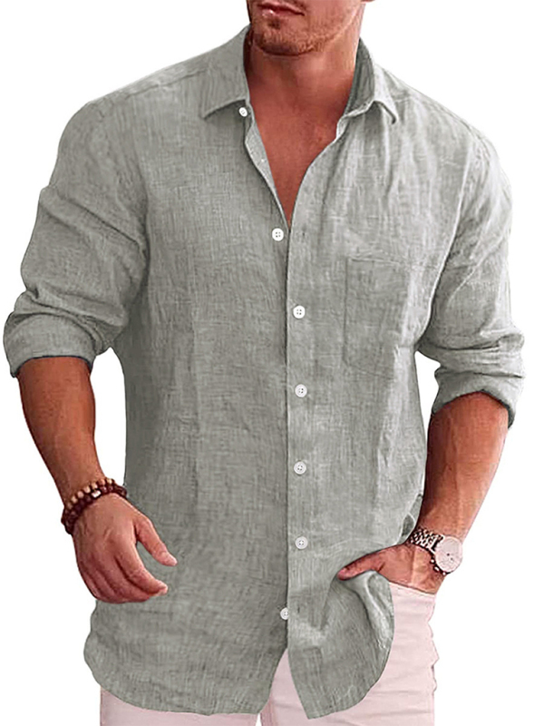 Men's solid color shirt linen lapel long sleeve casual shirt - Image 2