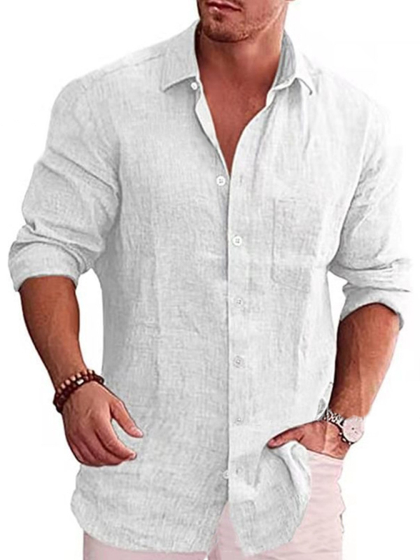 Men's solid color shirt linen lapel long sleeve casual shirt - Image 3