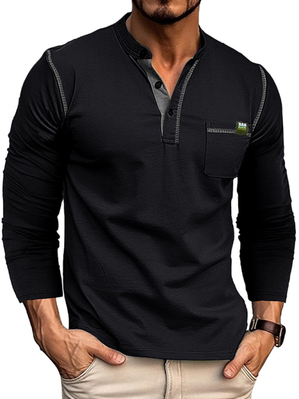 New Men's Henley Color Block Knitted Long Sleeve T-Shirt - Image 4