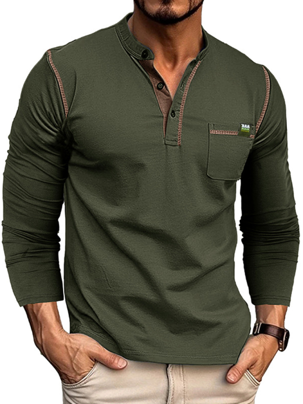 New Men's Henley Color Block Knitted Long Sleeve T-Shirt - Image 6