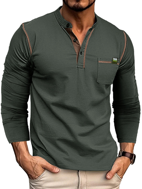 New Men's Henley Color Block Knitted Long Sleeve T-Shirt - Image 5