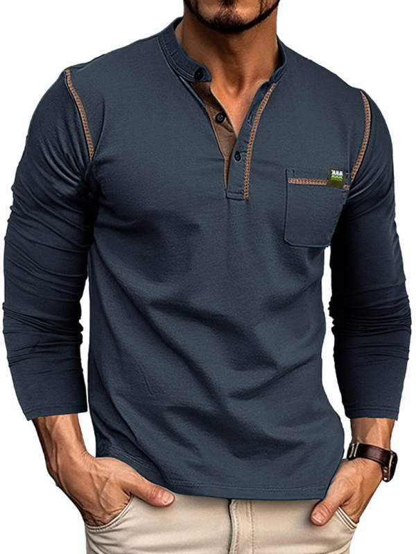 New Men's Henley Color Block Knitted Long Sleeve T-Shirt - Image 3