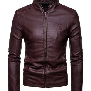 Men's motorcycle zipper stand collar leather jacket