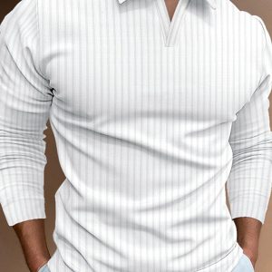 Casual stand-up collar stretch vertical strip long-sleeve V-neck POLO