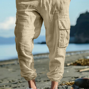 Casual cuffs, multi-pocket drawstrings, solid color, loose large size drawstring trousers