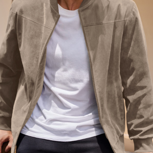 Suede Solid Color Men's Zipper Jacket Casual Retro Long Sleeve Cardigan Coat
