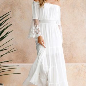 One Word Collar Lace Stitching Dress