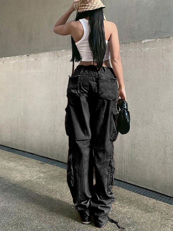 Women's Straight High Waist Loose Wide Leg Retro Daddy Cargo Pants - Image 10