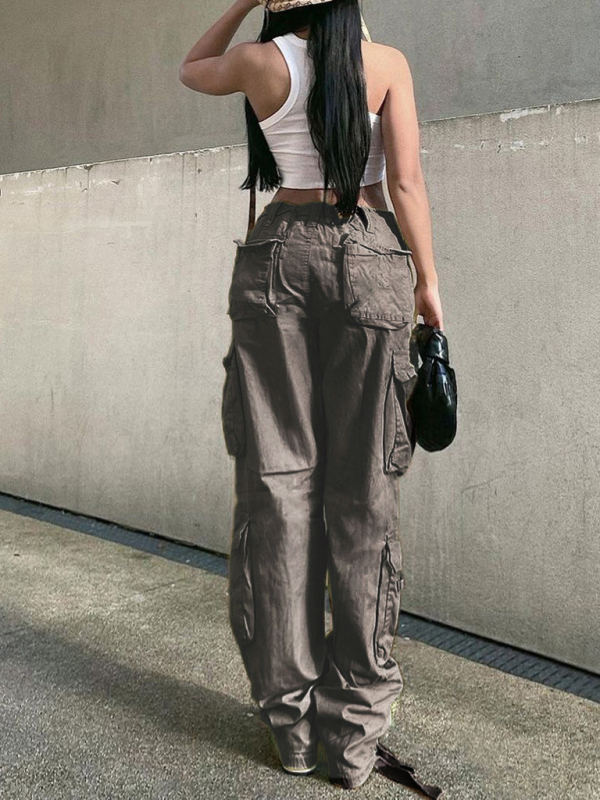 Women's Straight High Waist Loose Wide Leg Retro Daddy Cargo Pants - Image 5