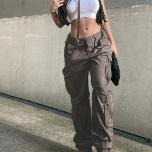 Women's Straight High Waist Loose Wide Leg Retro Daddy Cargo Pants