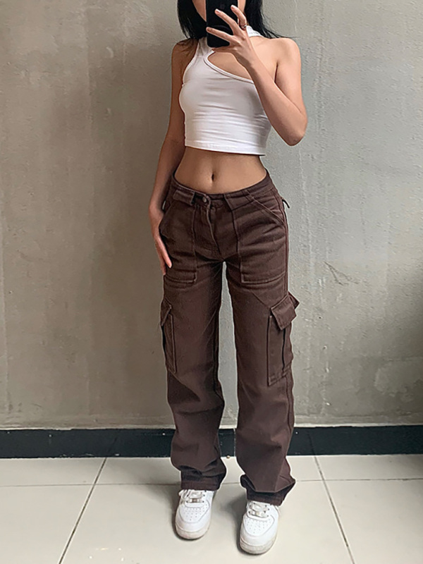 Women's Fashion Pocket Panel Casual Loose Mid Waist Cargo Pants - Image 3