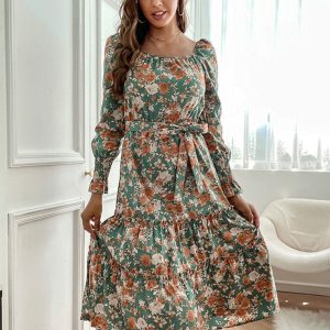 Floral Print Long Sleeve Woven Dress