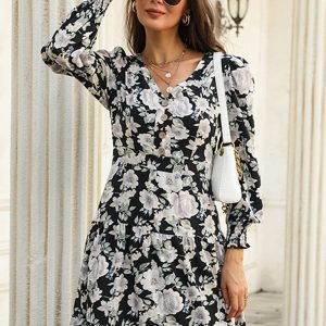 Floral Print Long Sleeve Casual Midi Dress