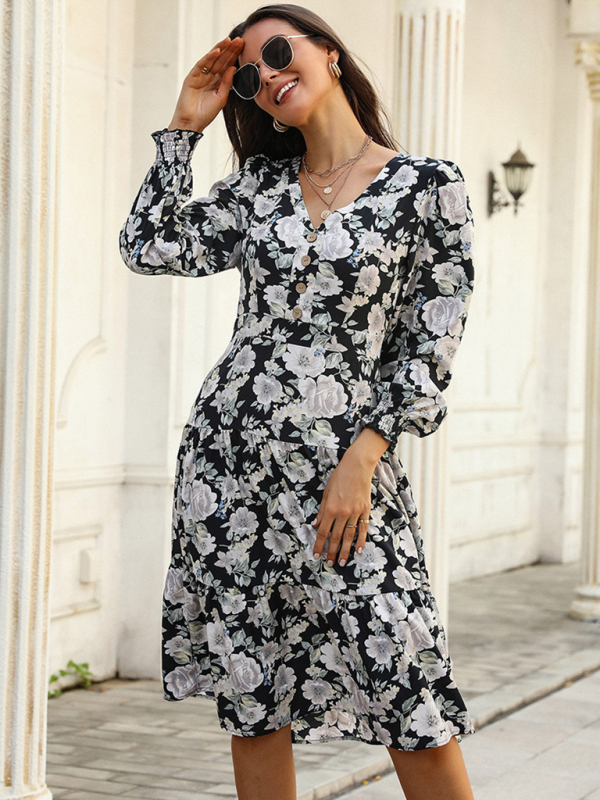 Floral Print Long Sleeve Casual Midi Dress - Image 2