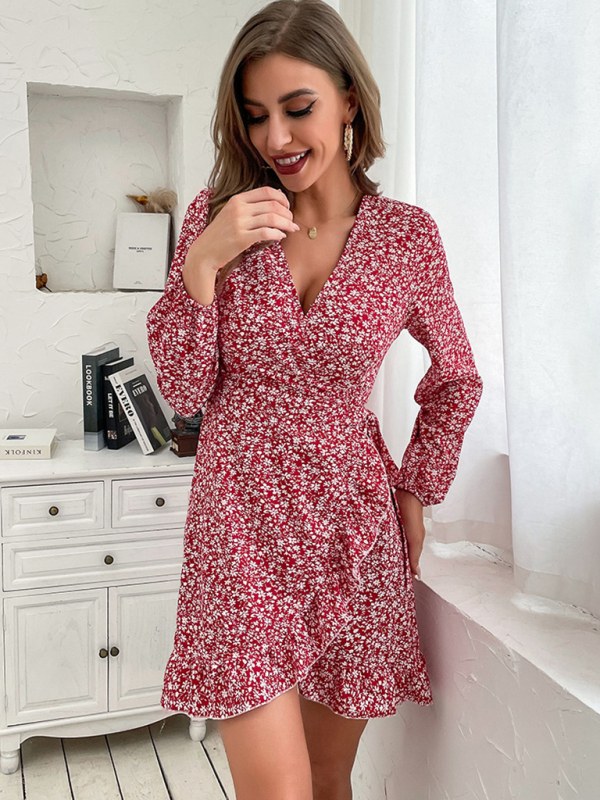 Floral Print Elegant Vacation Wrap Dress - Image 3