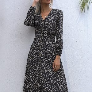 Floral Print Long Sleeve Midi Dress