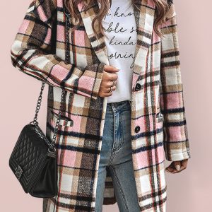 Autumn and winter new women's lapel pocket plaid wool coat