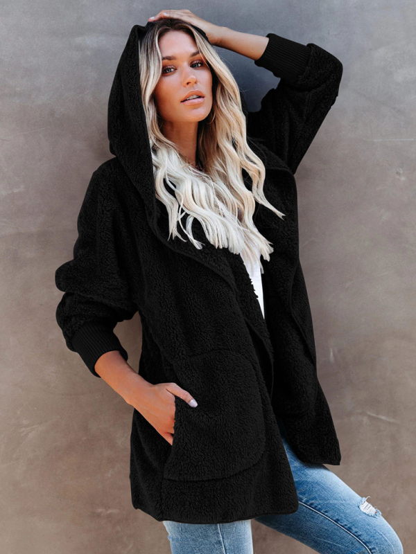 Women's Long Sleeve Jacket Casual Hooded Solid Color Cardigan Plush Women - Image 2