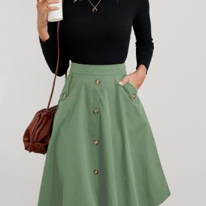 Women's Pocket Button Elegant Midi Skirt