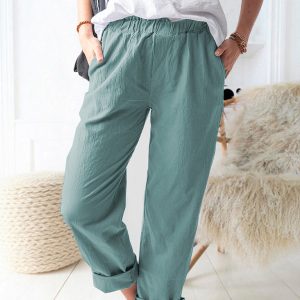 New style solid color casual elastic high waist straight trousers women