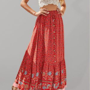 Bohemian Long Skirt Ethnic Print Elastic High Waist Tie Button Slit Holiday Travel Skirt