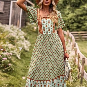 Women's Neck Bohemian Short Sleeve Midi Dress