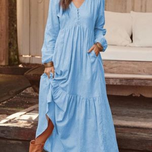 Women's Button Cotton Linen Retro Casual Long Sleeve Big Swing Dress