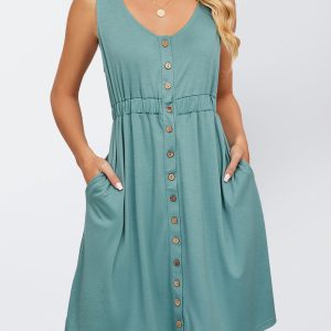 Women's Knitted Sleeveless Button Pocket Round Neck Slit Waist Dress