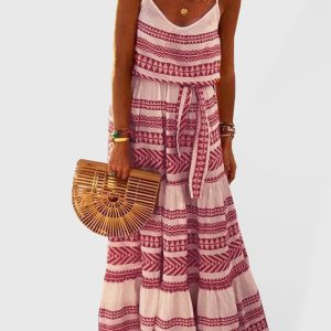 Bohemian style deep V-neck printed beach holiday style suspender dress