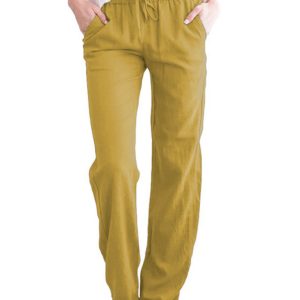 Women's Solid Color Cotton Linen Drawstring Loose Casual Wide Leg Trousers