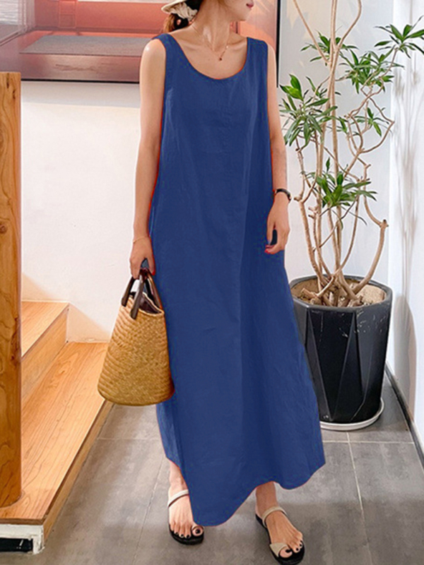 Women's Cotton Linen Simple Style Loose Pocket Round Neck Temperament Sleeveless Dress - Image 7