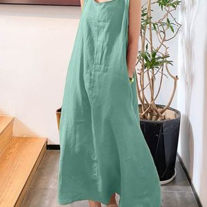 Women's Cotton Linen Simple Style Loose Pocket Round Neck Temperament Sleeveless Dress