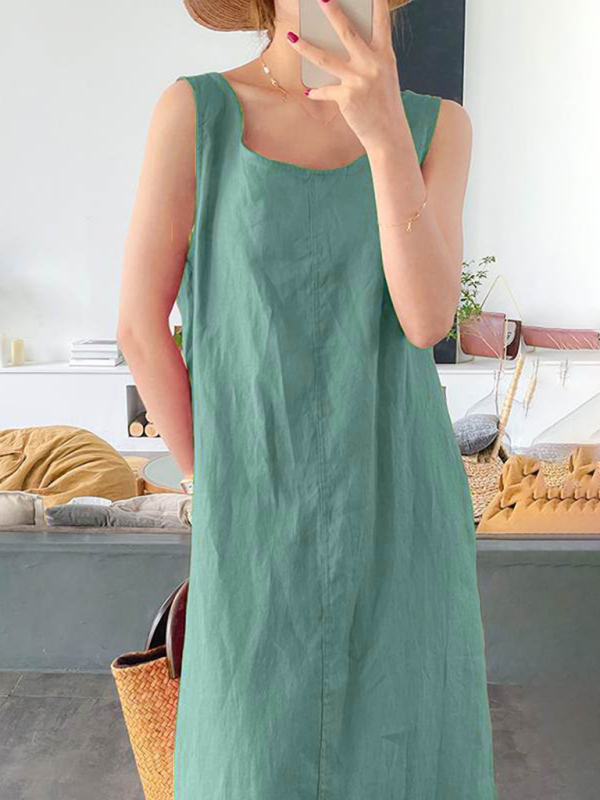 Women's Cotton Linen Simple Style Loose Pocket Round Neck Temperament Sleeveless Dress - Image 2