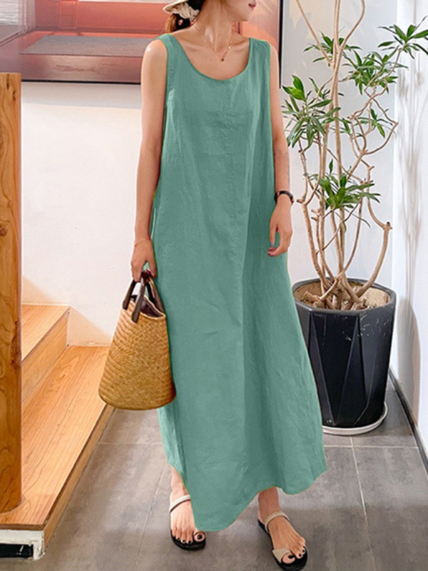 Women's Cotton Linen Simple Style Loose Pocket Round Neck Temperament Sleeveless Dress - Image 4