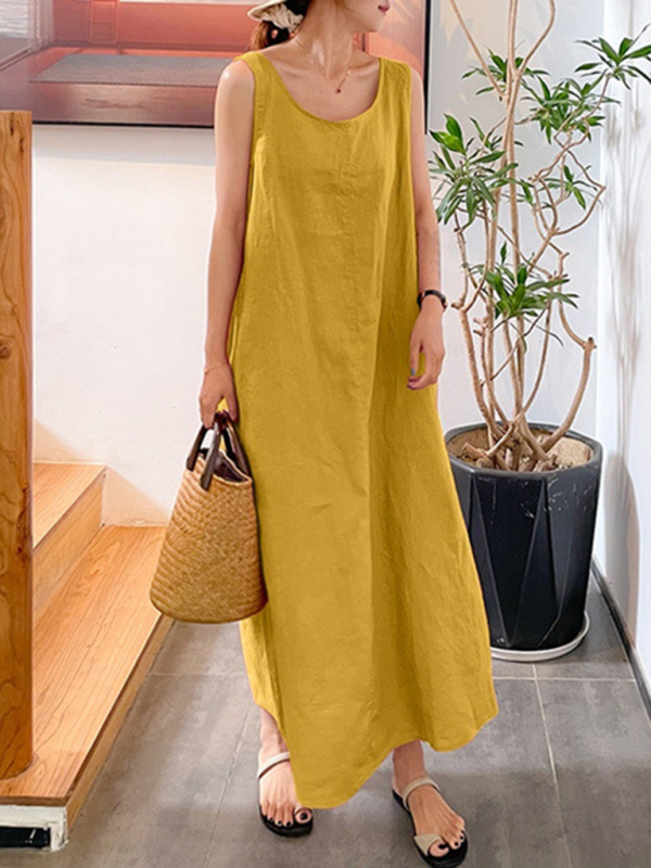 Women's Cotton Linen Simple Style Loose Pocket Round Neck Temperament Sleeveless Dress - Image 10