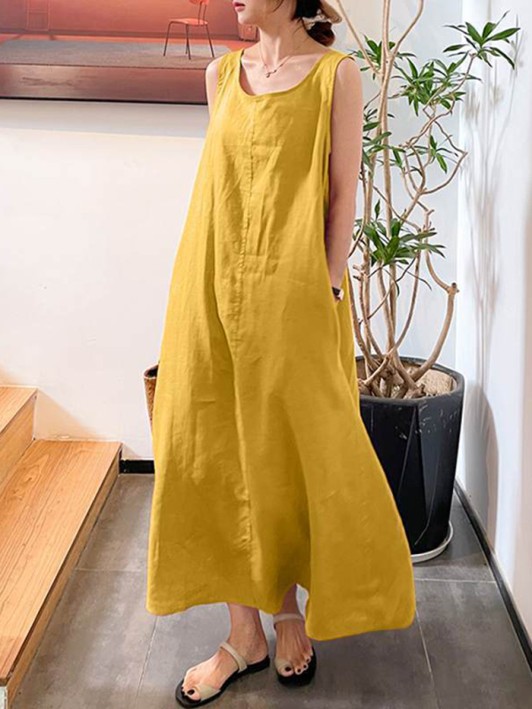 Women's Cotton Linen Simple Style Loose Pocket Round Neck Temperament Sleeveless Dress - Image 9