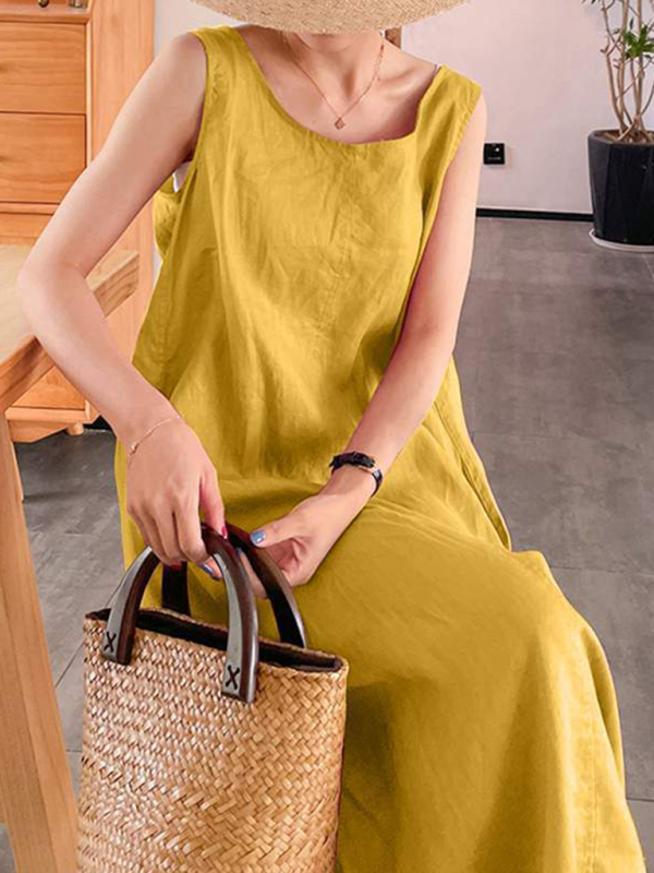 Women's Cotton Linen Simple Style Loose Pocket Round Neck Temperament Sleeveless Dress - Image 8
