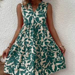 Women's Floral Print V Neck Pleated Print Dress