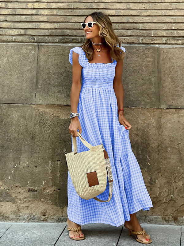 Summer Temperament Women's Collage Plaid Sling Elastic Swing Dress - Image 7