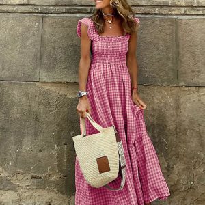 Summer Temperament Women's Collage Plaid Sling Elastic Swing Dress