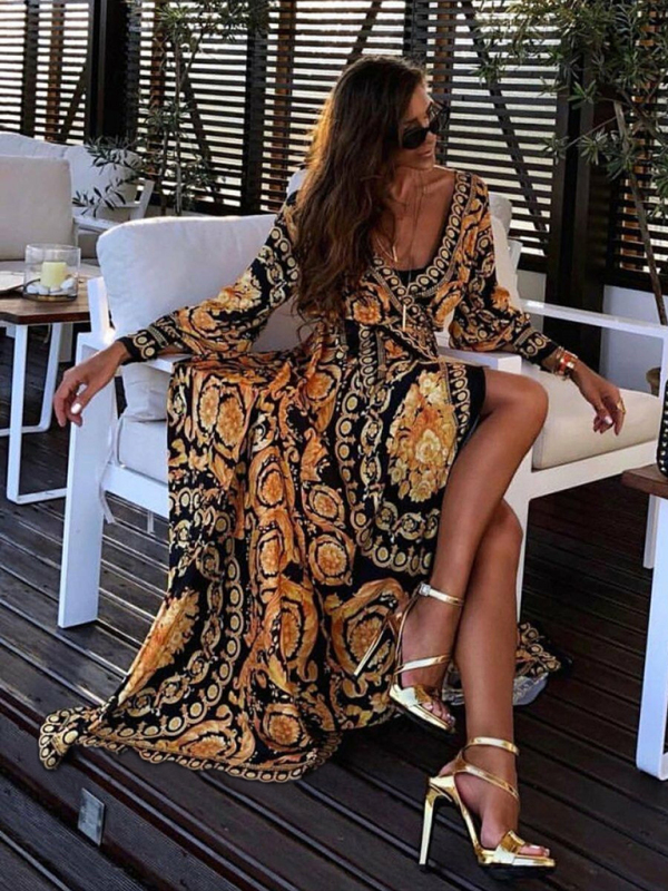 Bohemian V-neck retro positioning flower long-sleeved dress - Image 5